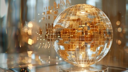 A transparent globe with gold accents, embodying global technology.