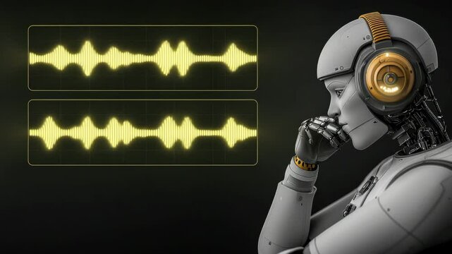 AI Listening to Audio Waves: A futuristic robot with headphones thoughtfully contemplates audio waveforms displayed on a screen, symbolizing artificial intelligence and audio processing.