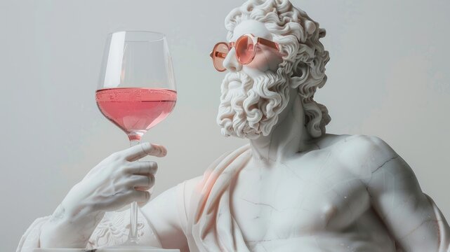 Marble statue with sunglasses and wine, a blend of classic and modern.