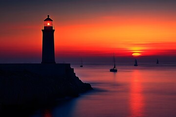 Lighthouse in the sunset glow and tranquil sea surface