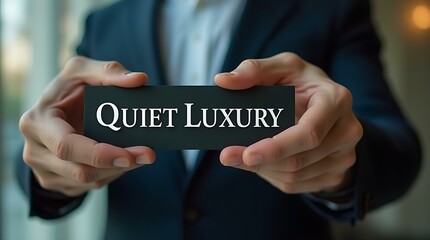 A businessman subtly displaying a quiet luxury sign, symbolizing minimalist high-end living, refined taste, and exclusive branding in a clean, elegant visual style.