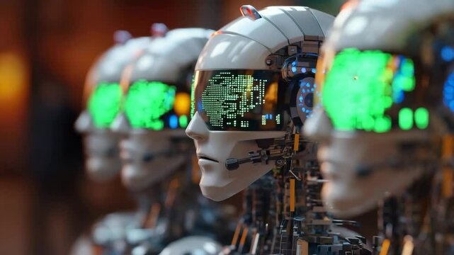 AI Robot Lineup: A row of sleek, humanoid robots with glowing green screens in their visors stand in formation, creating a futuristic and thought-provoking image.