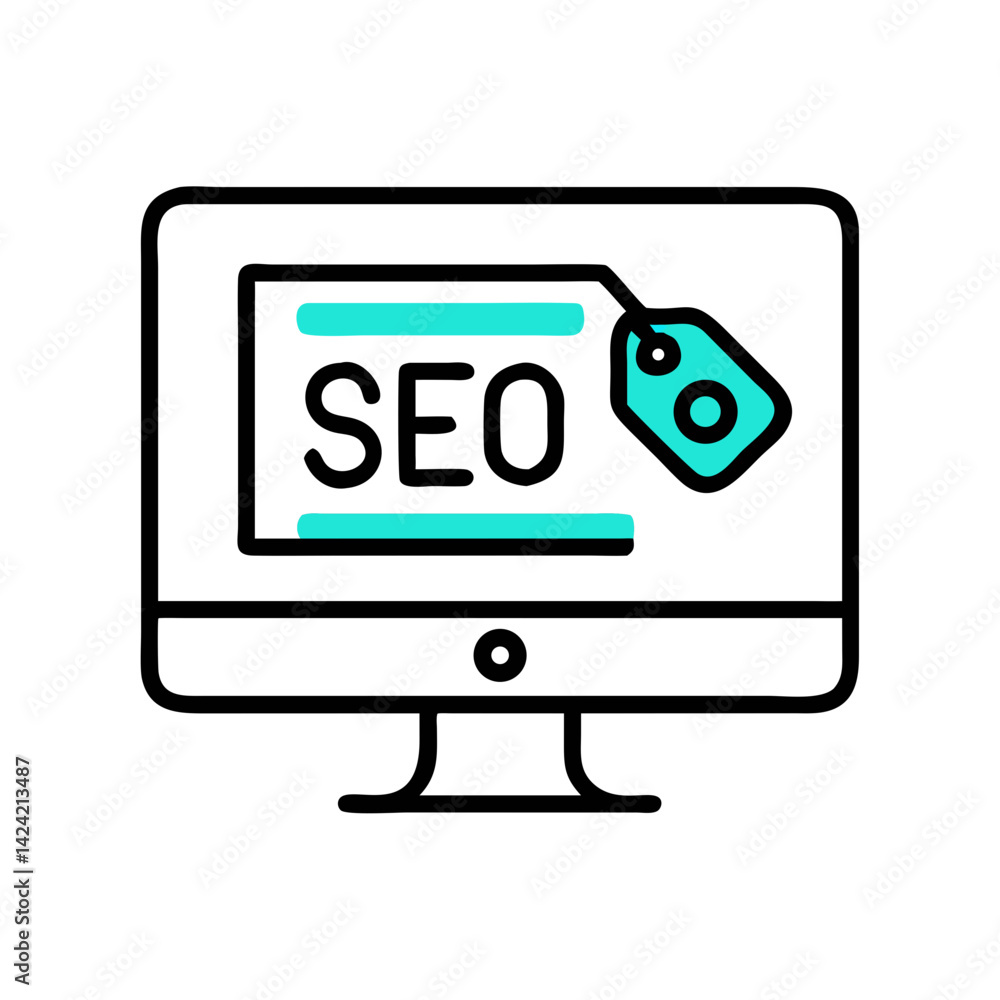 Poster Monitor with SEO Tag Icon Representing Search Engine Optimization and Digital Marketing