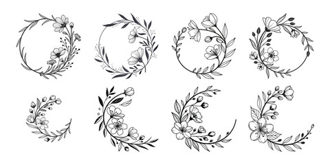 set of flower hand drawn for romantic or vintage design, floral for retro decoration like wedding invitation, kaligraphy lettering