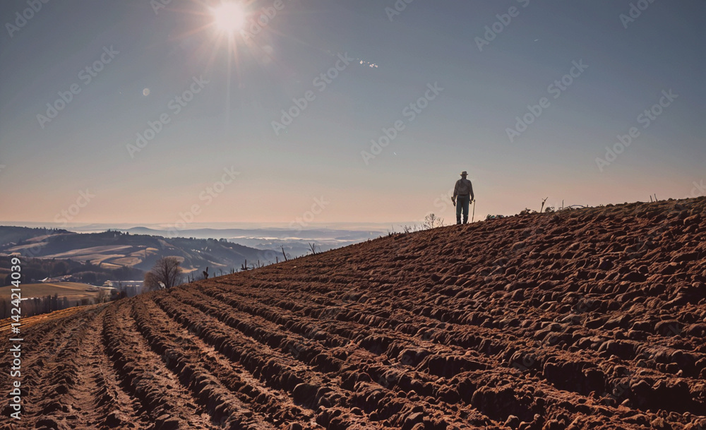 Aufkleber man is walking on a dirt field with a sun in the background. the field is barren and dry, with no vi