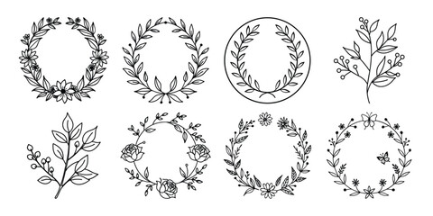 set of flower hand drawn for romantic or vintage design, floral for retro decoration like wedding invitation, kaligraphy lettering