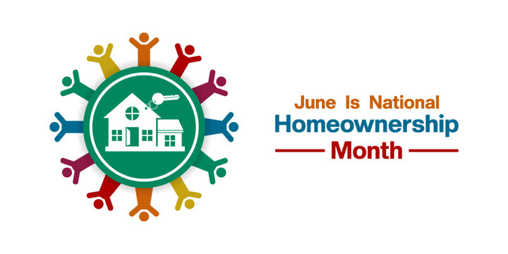 June Is Homeownership Month. People, home and key. Suitable for posters, banners, social media and more. White background.