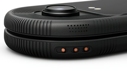 Fototapeta premium Compact, rugged, black device with a lens, speaker, and sensors