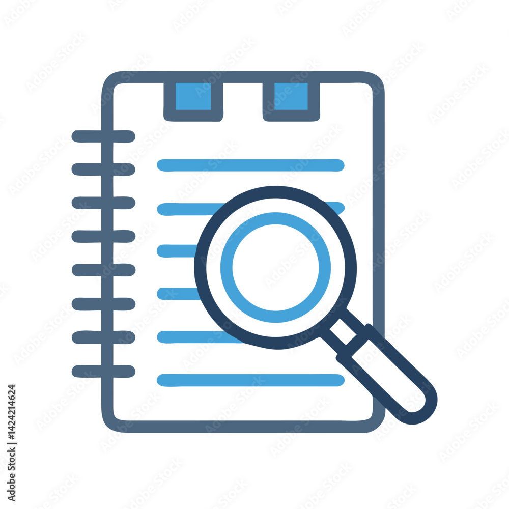 Leinwandbilder notepad with magnifying glass icon representing document search and analysis