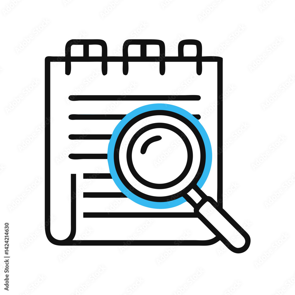 Poster notepad with magnifying glass icon representing document search and analysis