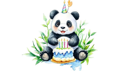Obraz premium Watercolor Illustration Of Cute Panda Celebrating Birthday With Cake