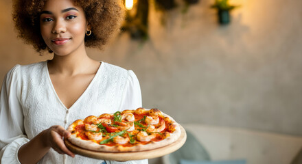 Young african female holding delicious homemade pizza in cozy kitchen setting