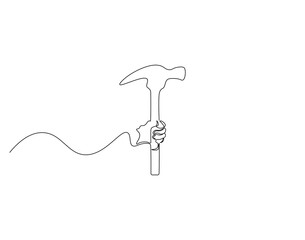 Hammer outline drawing illustration. Continuous line draw of hammer equipment vector.