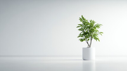 Plant in White Pot Minimalist Style High-Resolution Lighting Wide Angle Shot Simple Design Existing peacefully White background Calm serene tones Interior design inspiration