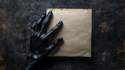 Creepy black hand reaches for a blank piece of aged parchment against a dark backdrop