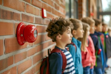 fire alarm on school wall with children participating in safety drill. scene captures importance of safety education in schools