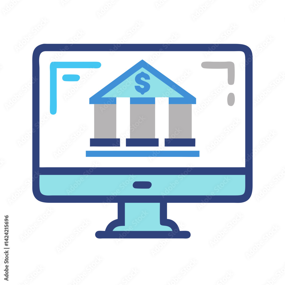 Poster online banking on monitor icon representing digital financial services and transactions