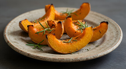 Roasted Butternut Squash Slices With Rosemary And Seasoning On Rustic Plate