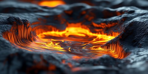 A glowing liquid canyon with swirling orange and red currents 