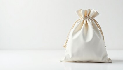 Small drawstring bag, pristine white backdrop, close-up view, studio shot, isolated, string