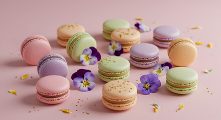 Obraz premium Pastel Macarons Surrounded By Delicate Pansies Against a Pink Background