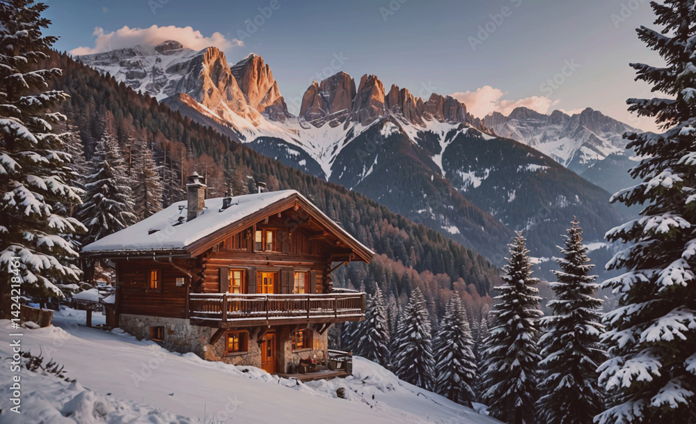 Aufkleber cozy cabin in the mountains with a view of snow-covered peaks. the cabin is surrounded by trees and 