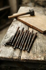 Iron nails and tools neatly arranged on the workbench