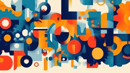 Vector illustration in simple flat style - teamwork and development concept - people holding. abstract geometric shapes and gears