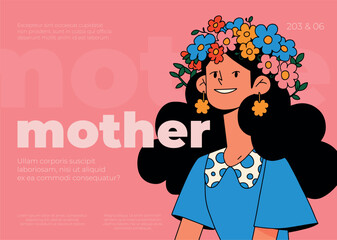Vector illustration of woman with flowers. Mother's day. Poster, flyer, greeting card.