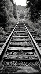 Fototapeta premium A black and white perspective of train tracks extending into a forest, encouraging steadfastness.