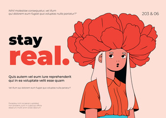 Stay real banner design. Vector illustration of a girl with a flower in her hair.