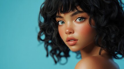 Fototapeta premium A model girl with glowing skin and thick black and curly hair looks over her shoulder at the camera against a blue background