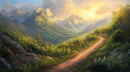 Hiking Trail Leading to Majestic Mountains Under Bright Sunlight Landscape