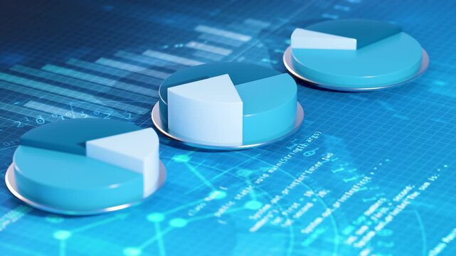 Growing blue and white pie charts on digital screen displaying financial investment trends and stock market data. 3D render animation in 4K resolution about financial investments diversification strat