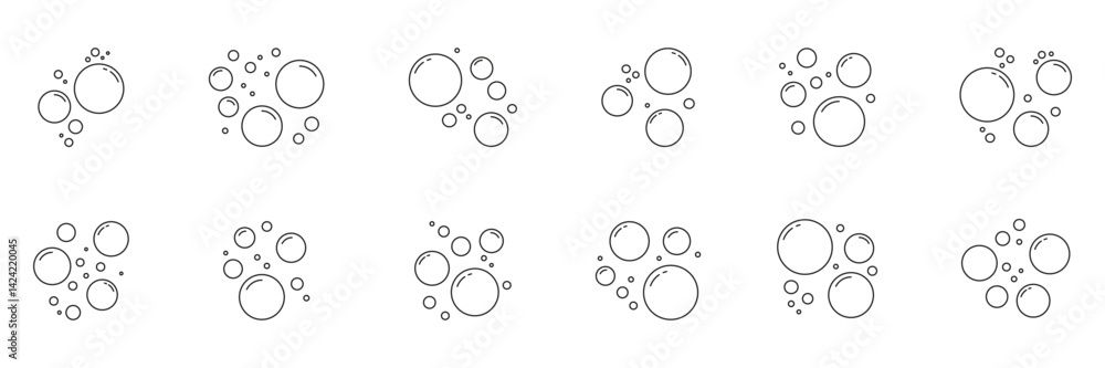 Poster soap bubbles line icon set. collection of floating air bubbles with different sizes and highlights o