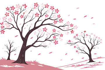 Fototapeta premium 10 Cherry blossom trees, pink sakura flowers, spring bloom, delicate petals, botanical illustration, watercolor style, soft pastel colors, various tree shapes and sizes, white background, vector graph