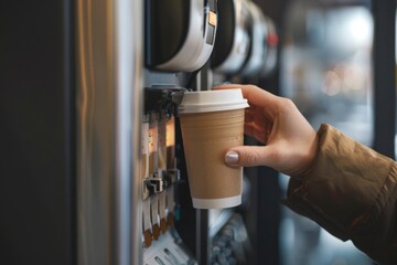 Hand reaching for a paper coffee cup from an automated vending machine