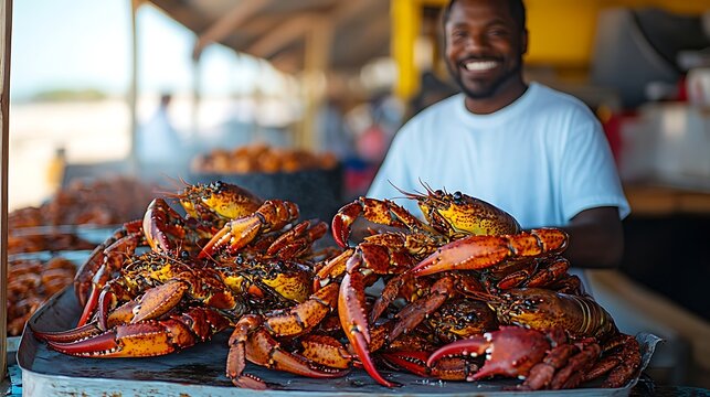 Smiling fish market vendor with table full of freshly caught crabs. Vibrant seafood display at outdoor market. Fresh catch of the day and marine industry scene