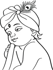 Outlined Illustration Of Infant Krishna With Turban And Peacock Feather Decoration