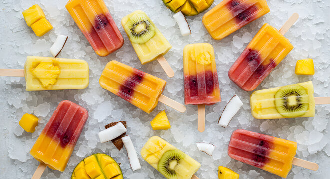 Refreshing Homemade Tropical Fruit Popsicles Displayed On Ice Cubes