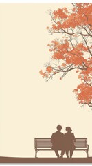 Serene scene of an elderly couple sitting close together on a park bench beneath a large tree with vibrant orange autumn leaves on a clear day