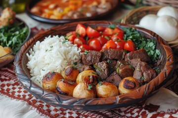 Delicious traditional meal with grilled meat, rice, roasted onions, cherry tomatoes, and herbs served on a rustic plate.