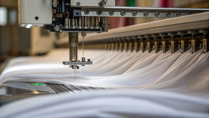 Automated sewing machine stitching fabric with precision, showcasing intricate process of garment production