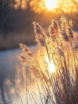 The golden reeds and the reflection of the river in the sunset glow