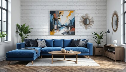 Inviting living room showcasing a blue sectional sofa, contemporary art, herringbone floors, and chic decorative wall accents.