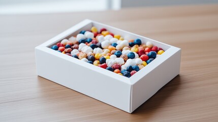 Colorful cereal mix in white box