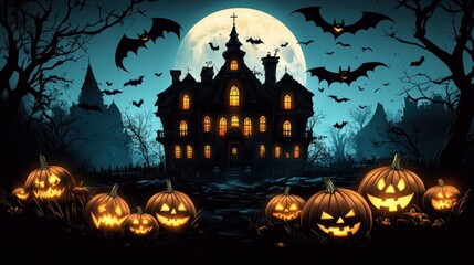 Spooky Halloween night scene with haunted house, full moon, bats, and glowing jack o' lanterns. Perfect for Halloween themes and spooky designs.