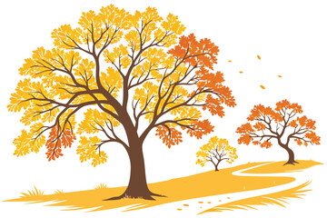 11 Autumn trees, golden yellow foliage, vibrant orange leaves, detailed branches, isolated on white background, digital illustration, vector art style, symmetrical composition, seasonal landscape, bot