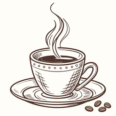 Steaming Coffee Cup Sketch With Beans On Plate Vector Illustration Design