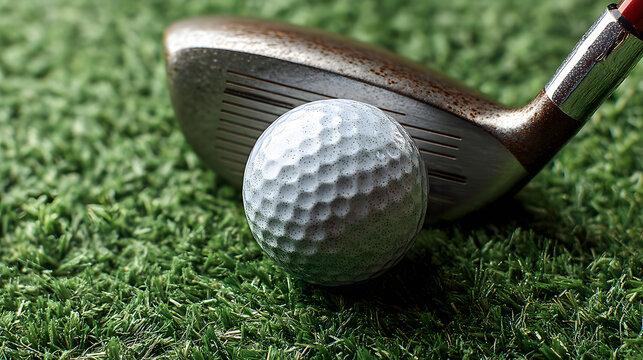 Golf Ball and Club on Green Grass, Golf Sport Concept